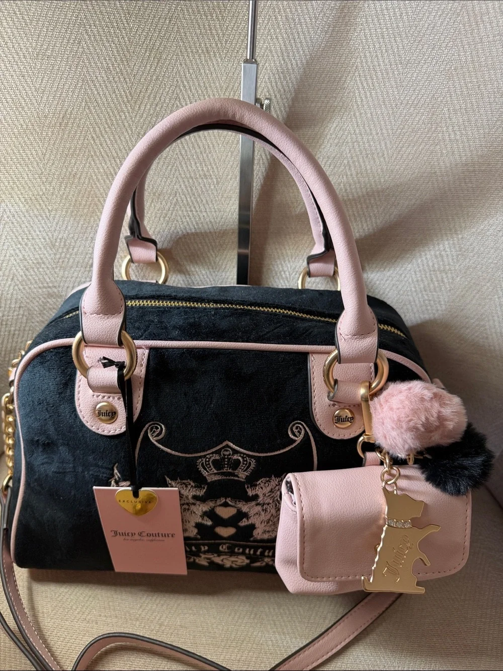 Juicy Couture Pink and Black Velvet Satchel with Detachable Pouch